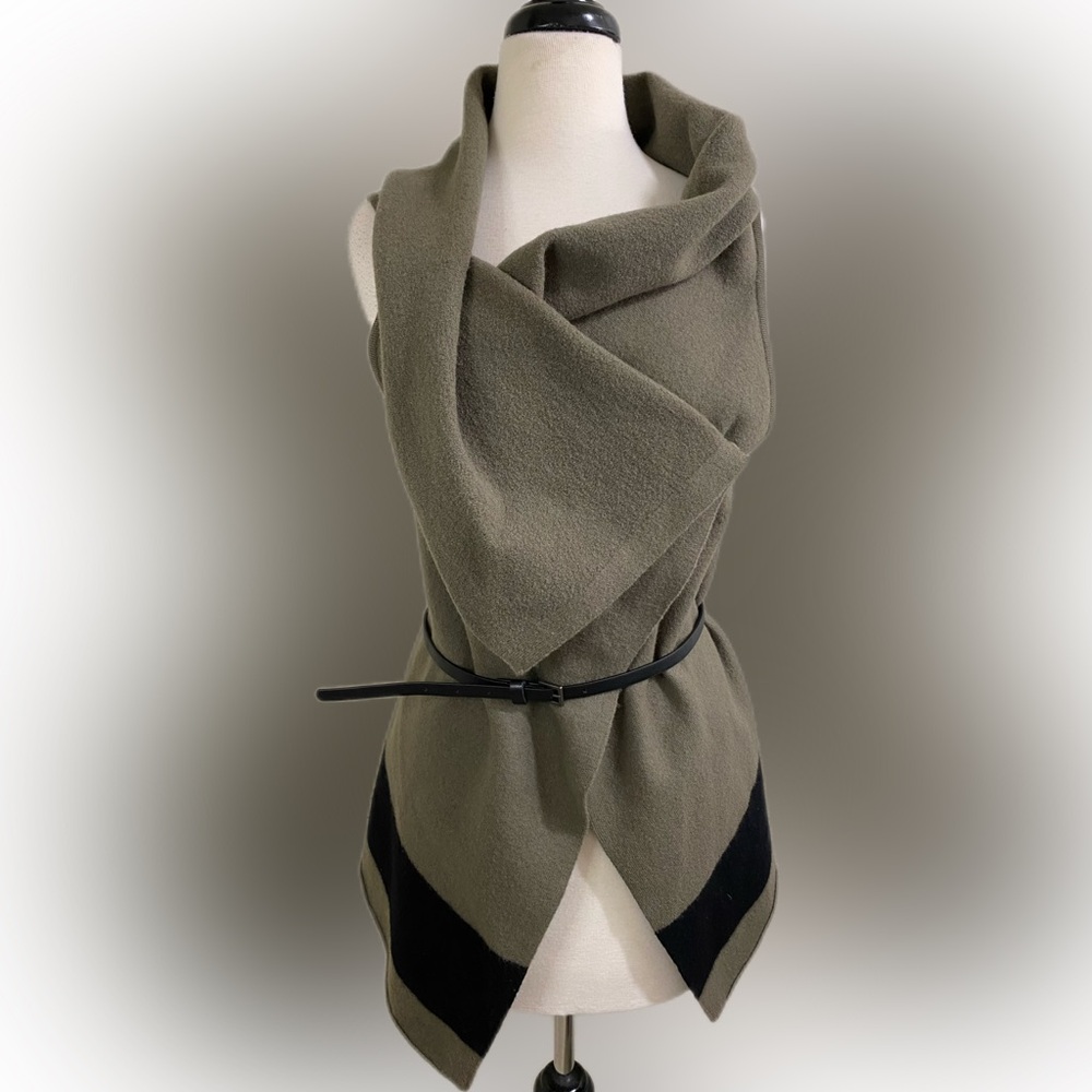Joie Olive Green Wool Wrap Coat with Black Belt size smile designer outerwear